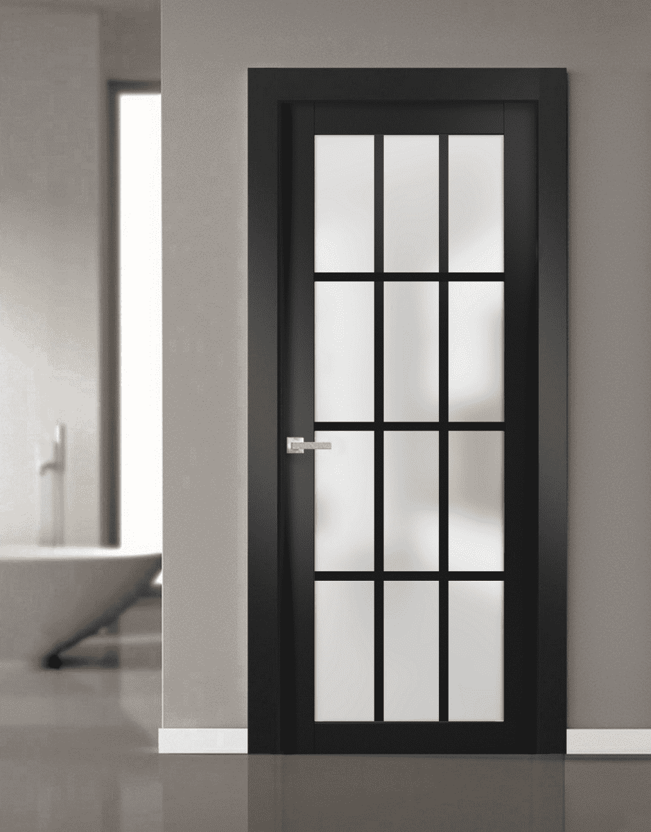 frosted french doors for ensuite bathroom with marble and brass decor