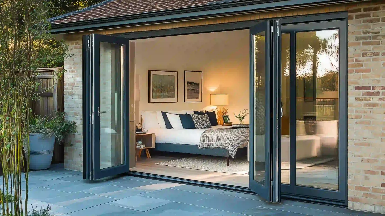 A bi-fold aluminum door opening from a cozy bedroom to an outdoor patio with natural light.