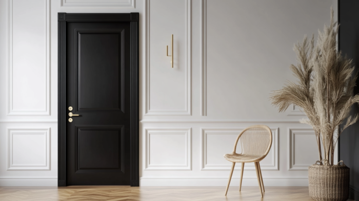 black interior door with elegant gold handles against a white wall backdrop
