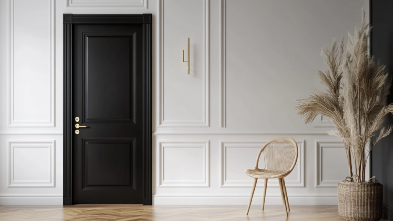 black interior door with elegant gold handles against a white wall backdrop