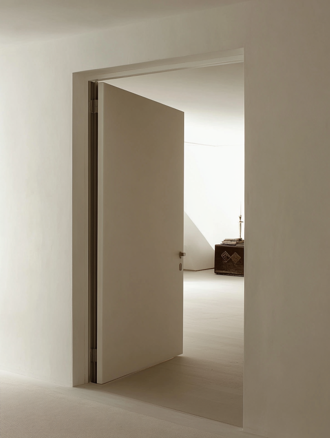 Ceiling-mounted invisible door opening into a hidden loft space, blending perfectly with the ceiling.
