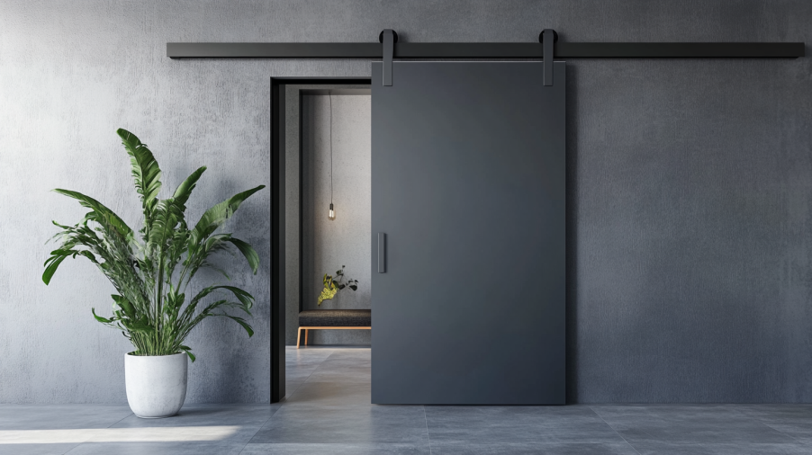 charcoal grey sliding door in a modern apartment with minimalist decor