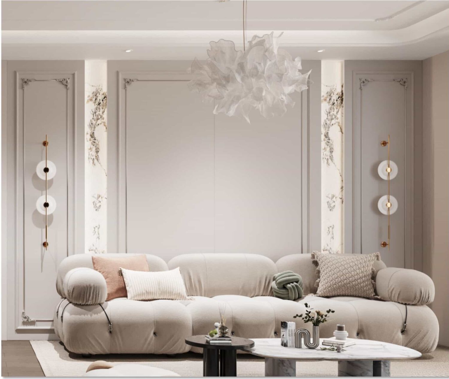 Classic style interior with pvc decorative wall panel and soft beige furniture design.