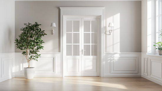 elegant classic white interior french doors with sunlight and open living space
