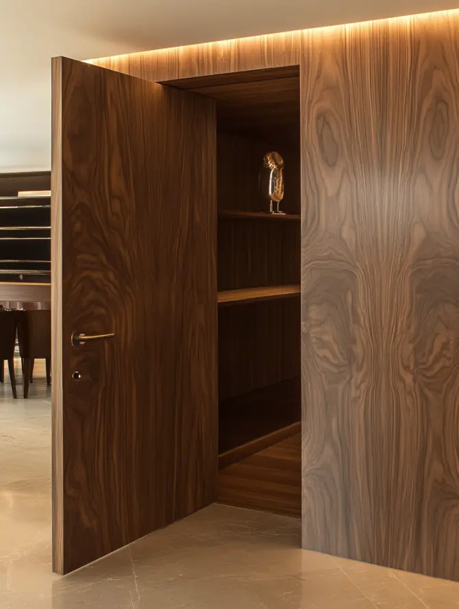 Invisible door integrated into custom furniture, blending with the wall for a seamless look