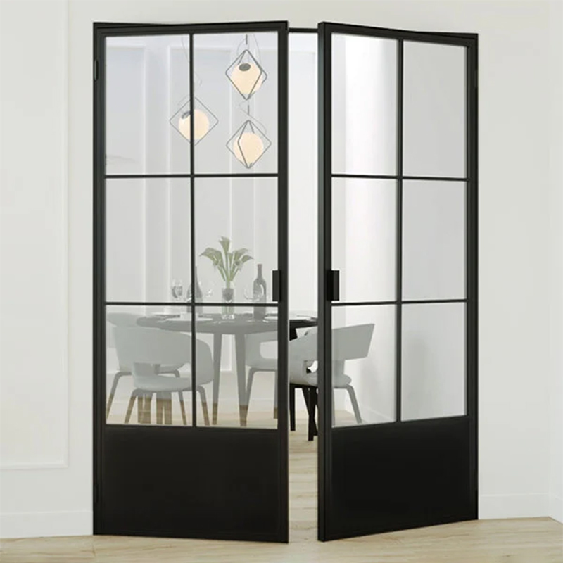 custom french doors installed in vintage interior with tall glass panels