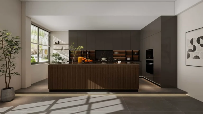 modern dark bespoke cabinetry with island and minimalist kitchen layout design