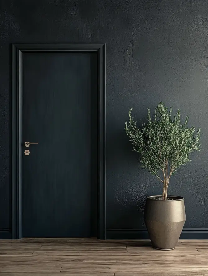 Invisible door in dark color blending into the wall with a potted plant next to it.