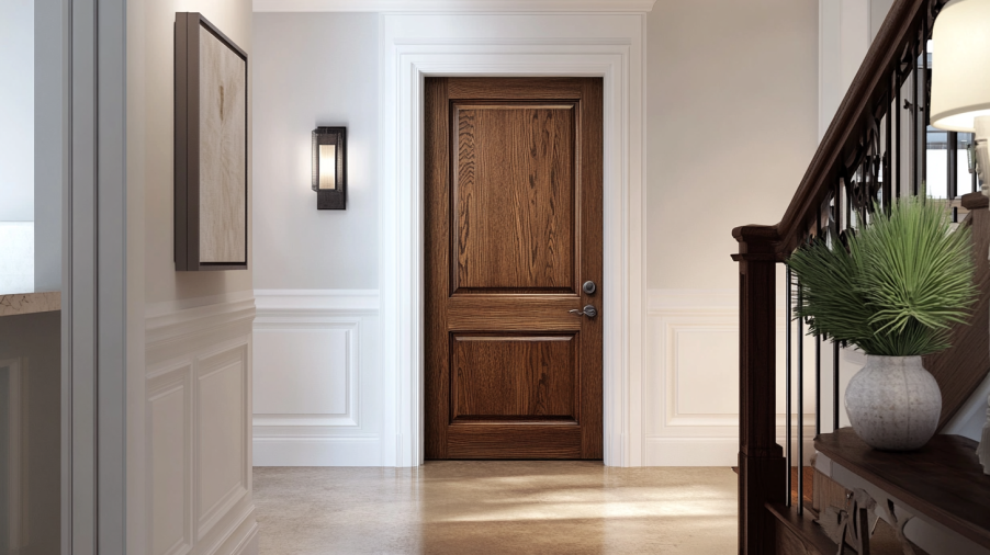 walnut brown interior door in a classic hallway with light fixtures