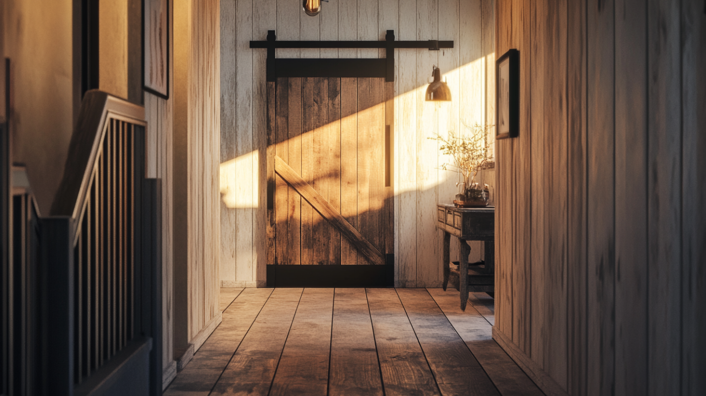 Rustic wooden barn sliding door on black metal rail adds farmhouse warmth to interior design.