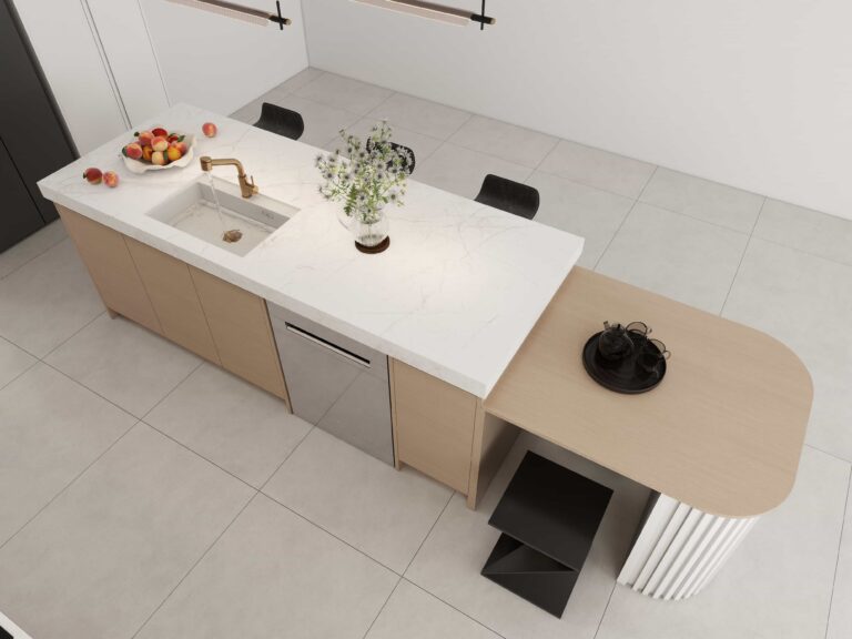 Foldable pull-out kitchen island for efficient use of space in smaller kitchens.