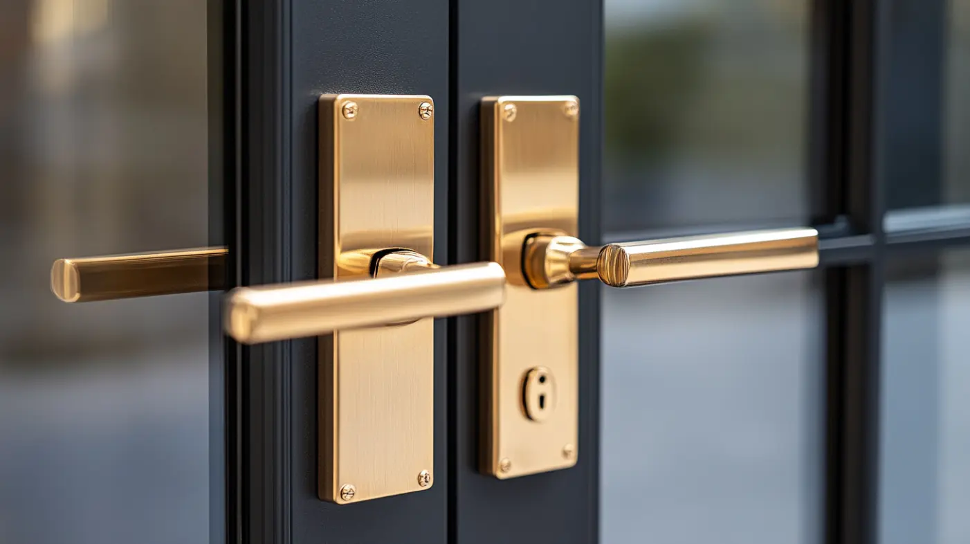 close-up of french door handle and hinge in brushed brass finish