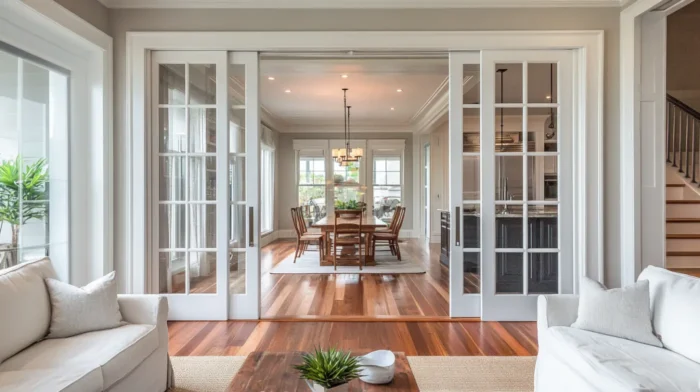 interior french doors connecting living and dining room with sunlight