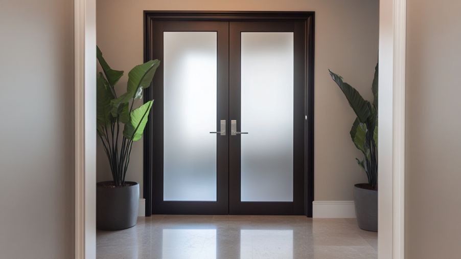 frosted glass dark interior door allowing light and privacy in a bathroom