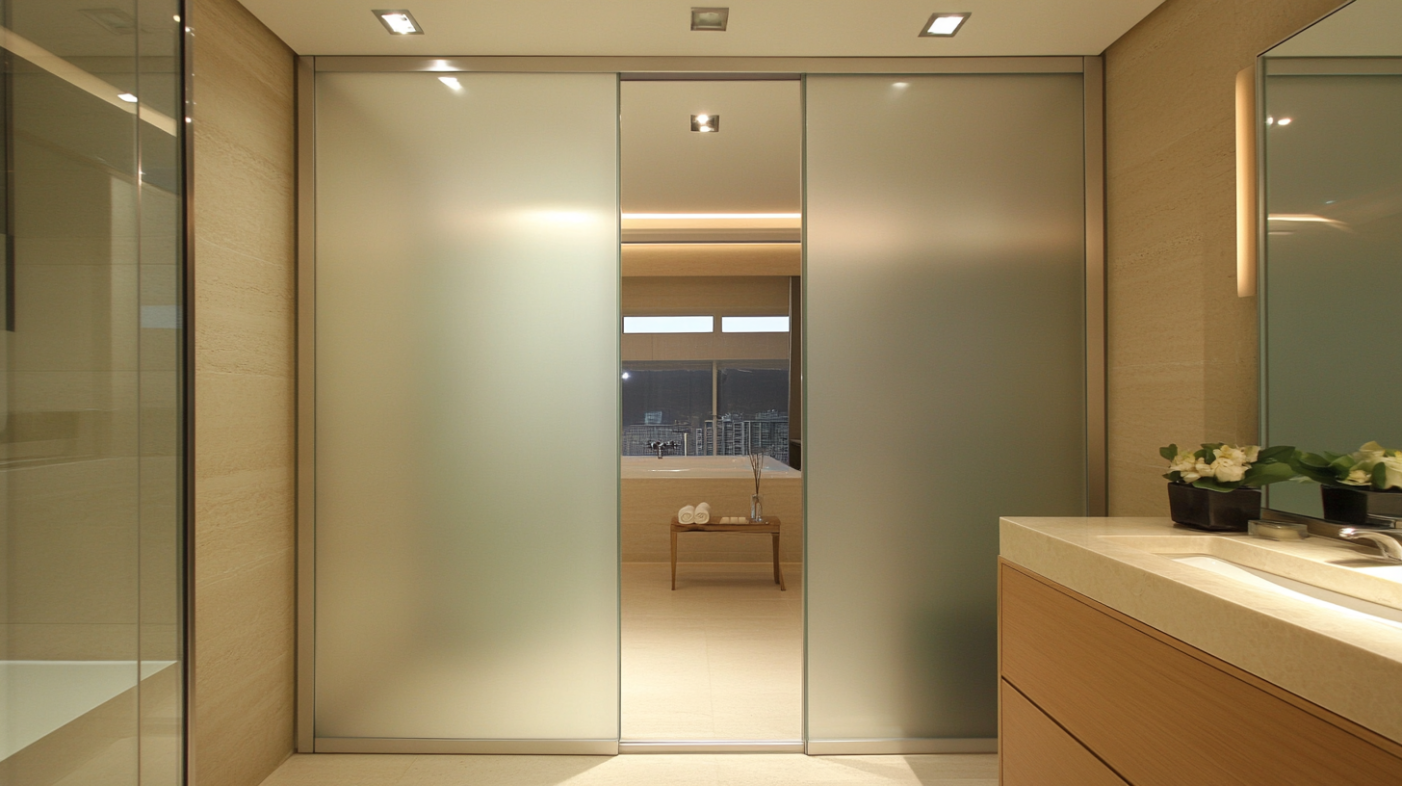 Small modern bathroom with frosted glass sliding door creating privacy and openness together.