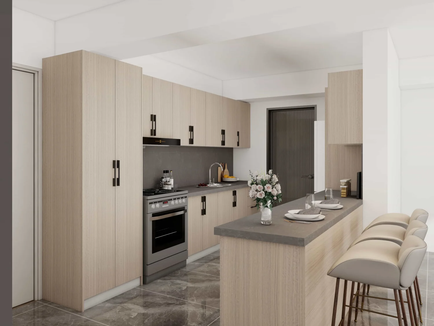 Galley kitchen base cabinet layout with two parallel rows and central walkway.