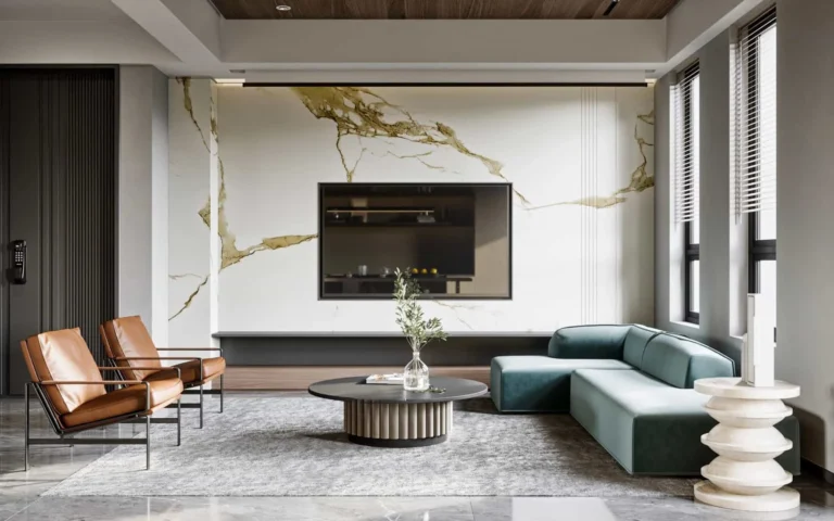 Modern living room with gold vein pvc wall panel and contemporary furniture design.
