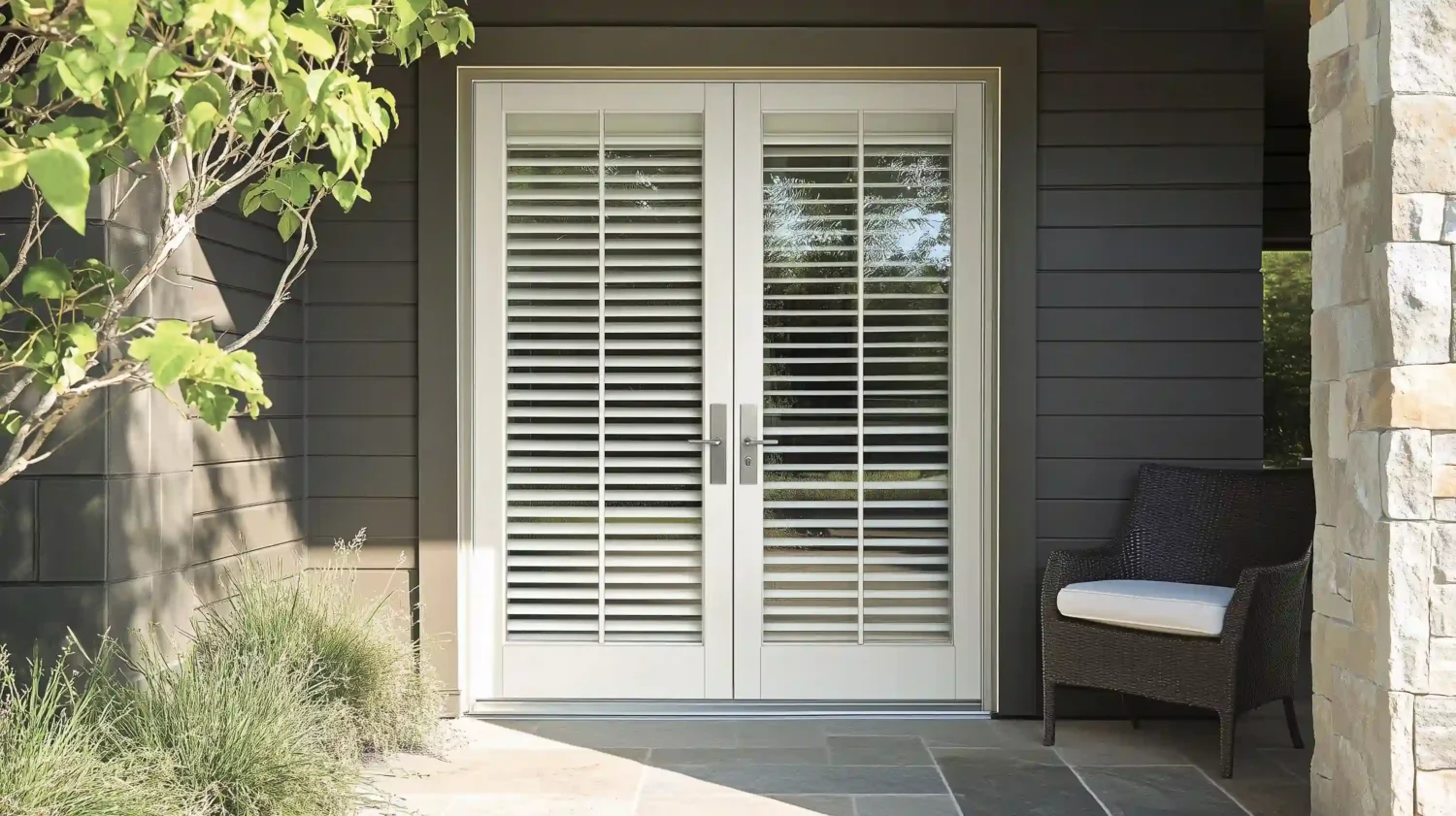 A modern hinged aluminum door with glass panels and sleek metal frame in a bright entryway.