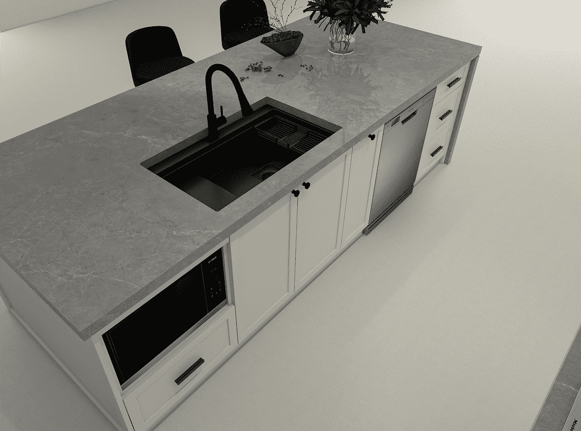 Industrial-style kitchen island with exposed metals and concrete finishes for a rugged look.