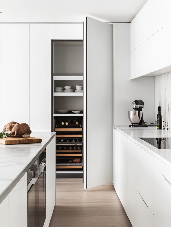 Invisible pantry door seamlessly integrated into the kitchen cabinetry for a modern, clean look.