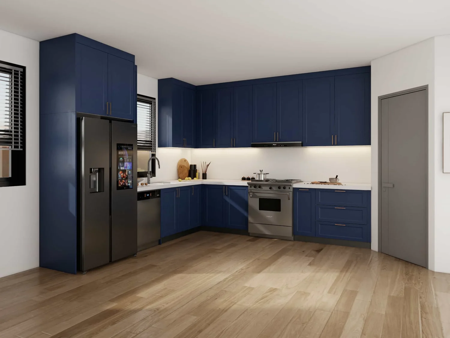 L-shape kitchen base cabinet layout with corner connection and continuous countertop design.