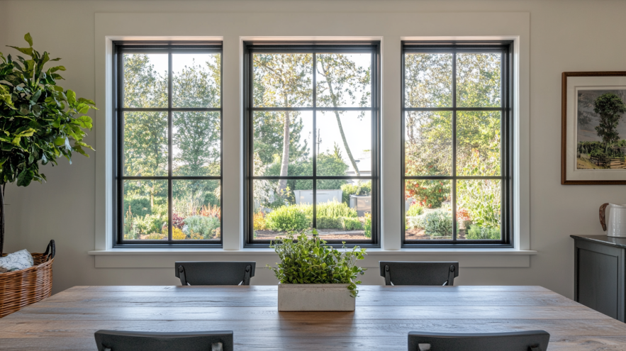 Large fixed aluminum window panel providing clear outdoor view and abundant natural daylight indoors