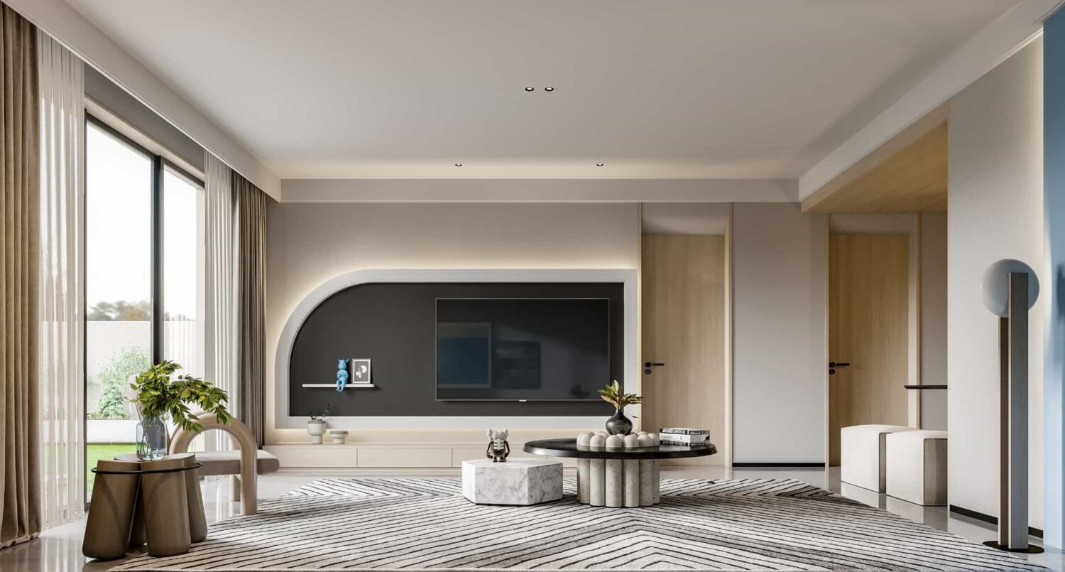 Modern living room with curved pvc wall panel design and lighting.