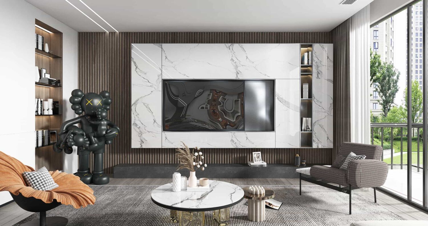 Modern living room with gold vein pvc wall panel and contemporary furniture design.