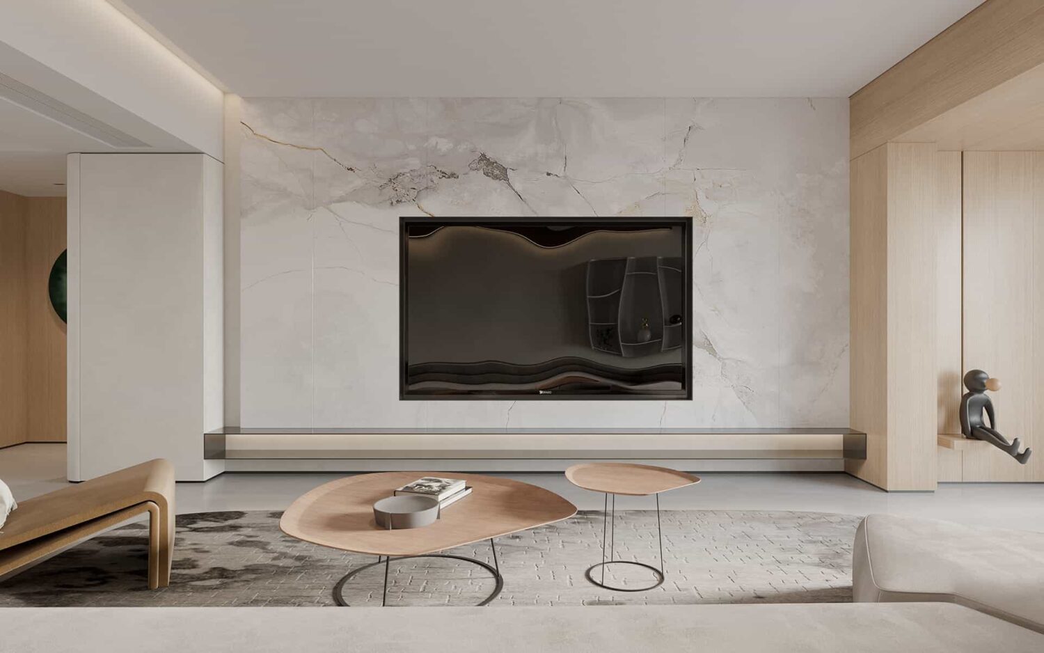 This elegant modern living room features a pvc wall panel behind the TV, creating a seamless, stylish focal wall that enhances texture and space aesthetics.