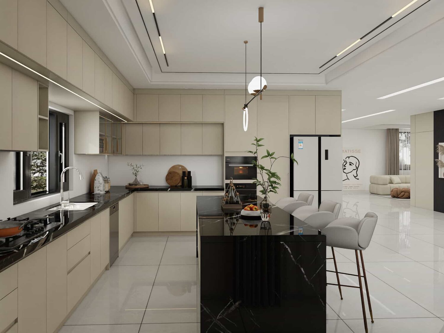 Luxurious marble-topped kitchen island with rich veins and a sophisticated design.