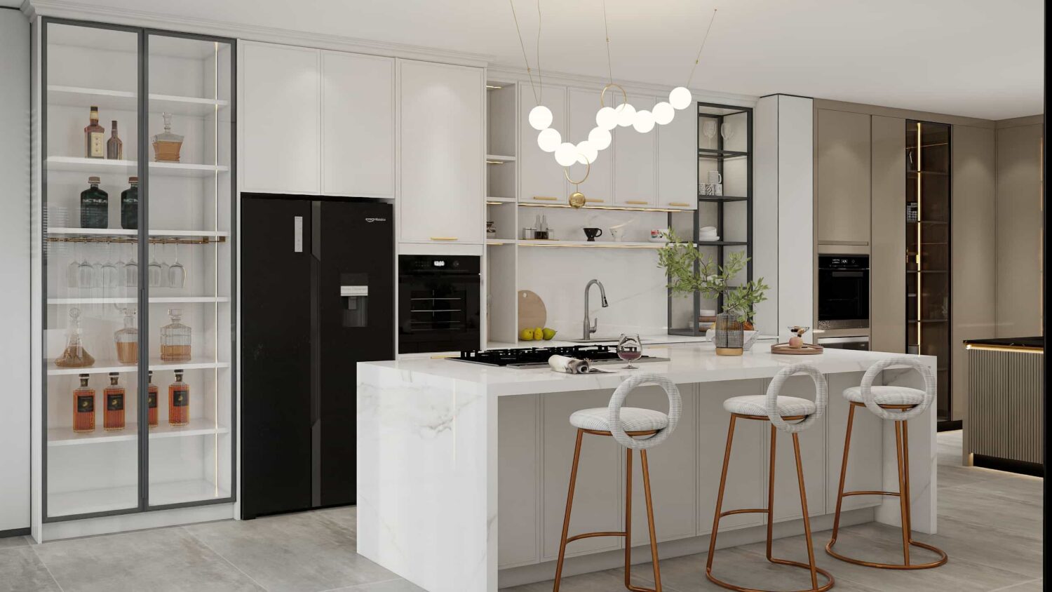 Modern minimalist white kitchen island with clean lines and built-in storage for a fresh look.