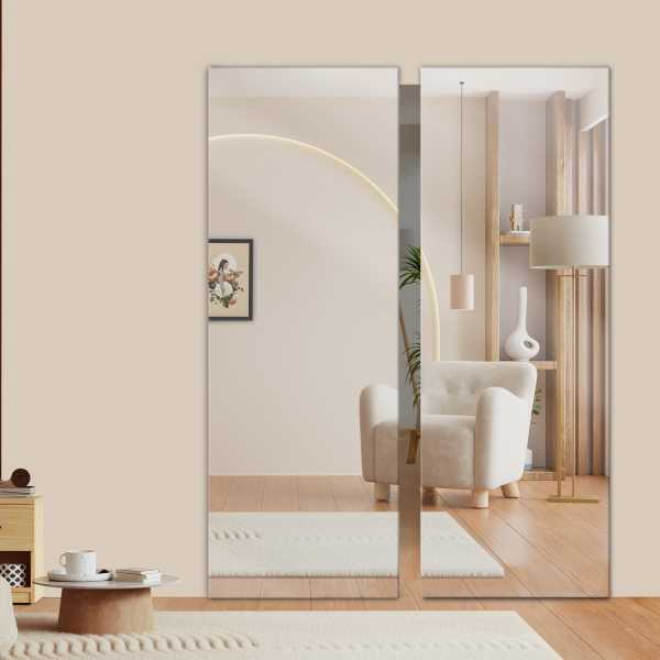 Double doors with a mirrored finish, blending effortlessly into the surrounding wall and reflecting the room.