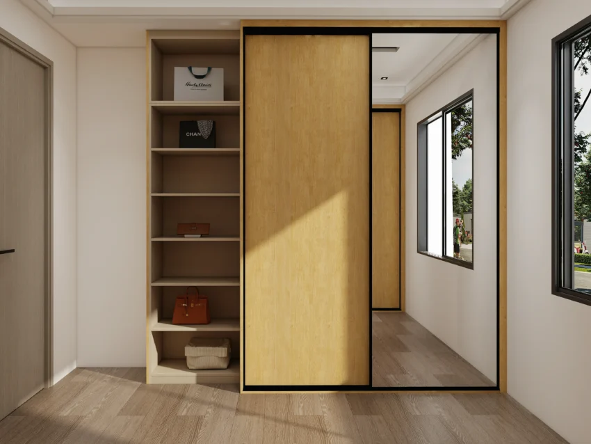 Bedroom with mirrored sliding wardrobe door enhancing brightness and visual spaciousness.