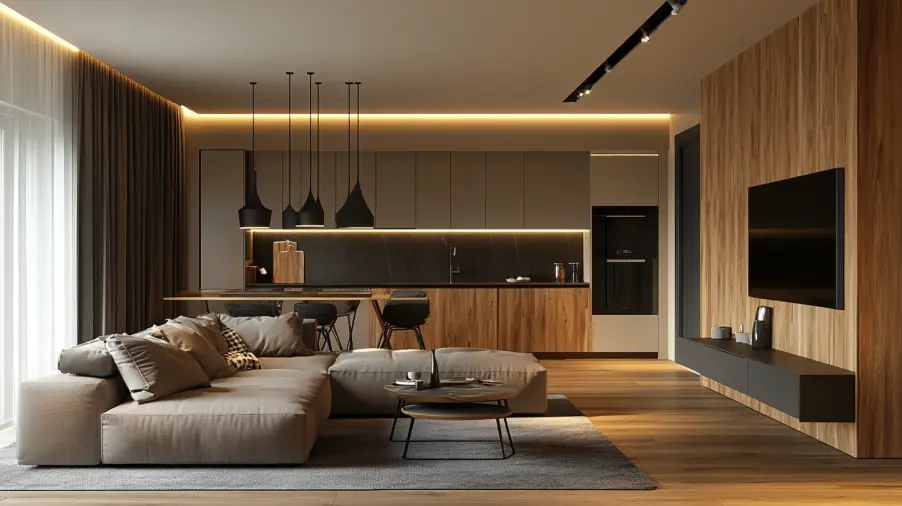 Modern open-plan space using wooden wall panels in living room and PVC panels in kitchen.