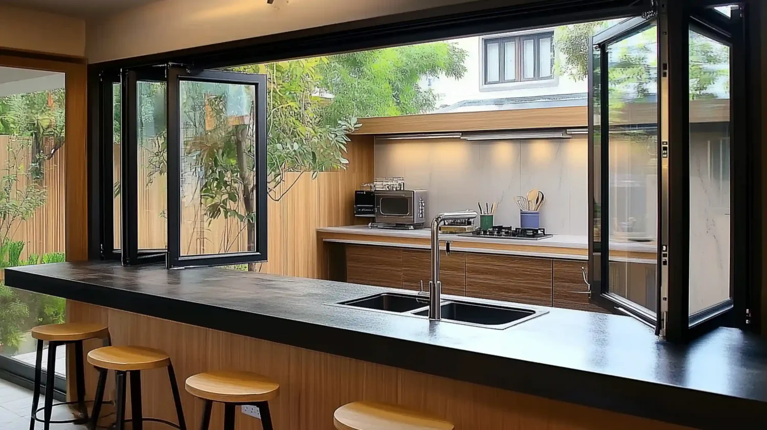 Modern bifold aluminum window folding neatly to one side connecting indoor and outdoor spaces seamlessly