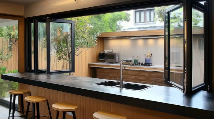 Modern bifold aluminum window folding neatly to one side connecting indoor and outdoor spaces seamlessly