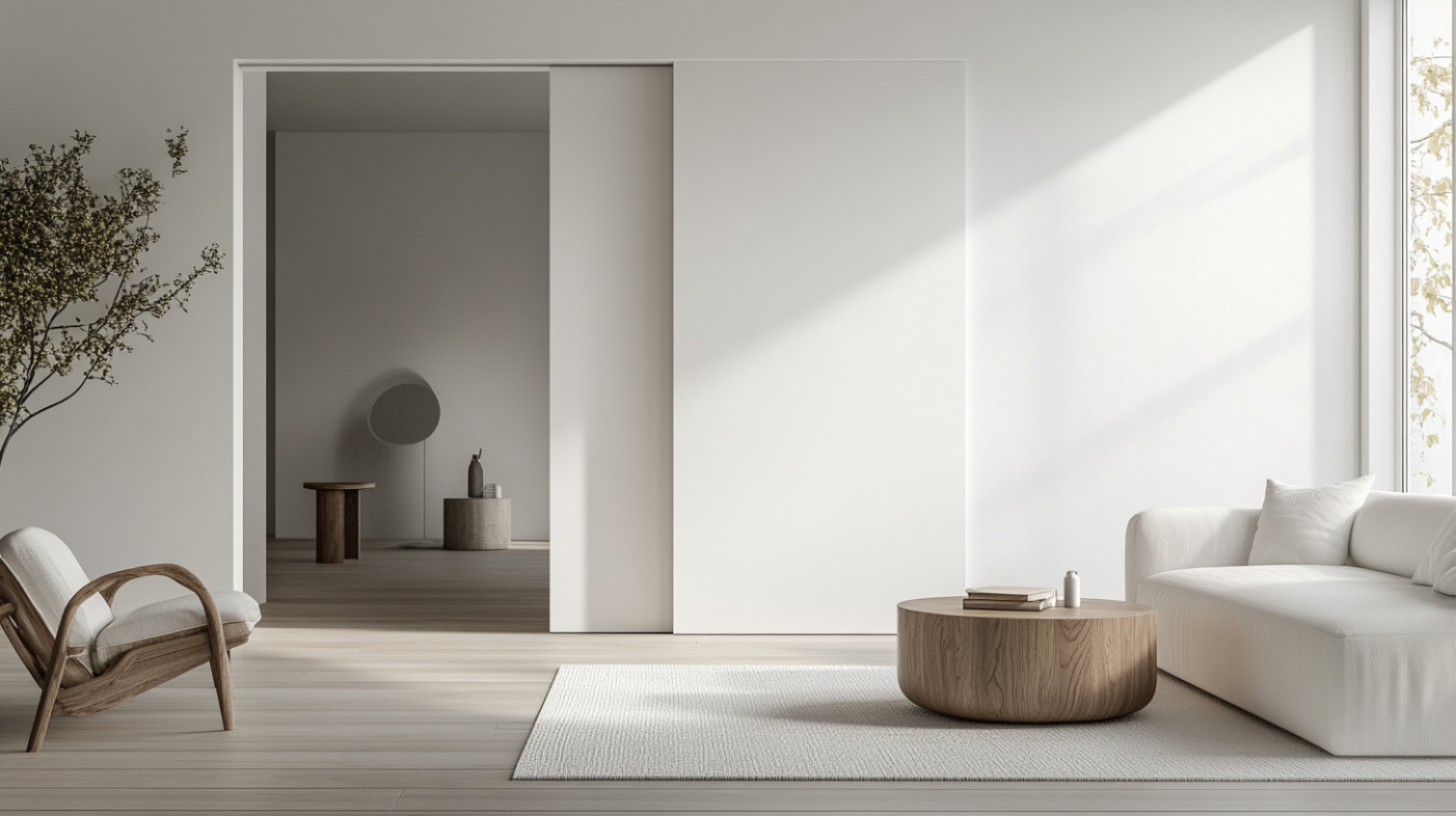 Modern living room with white pocket sliding door saving space and connecting kitchen and dining area.