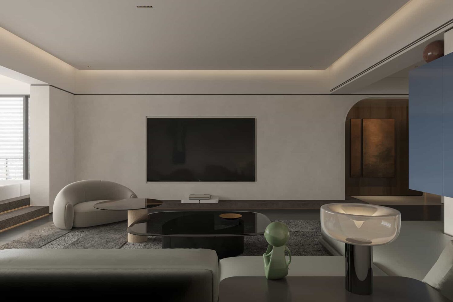 Modern living room with pvc wall panel and minimalist furniture design in soft gray tones.