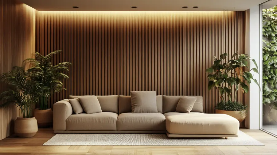 A cozy living room with vertical wooden wall panels and natural lighting in warm modern style.