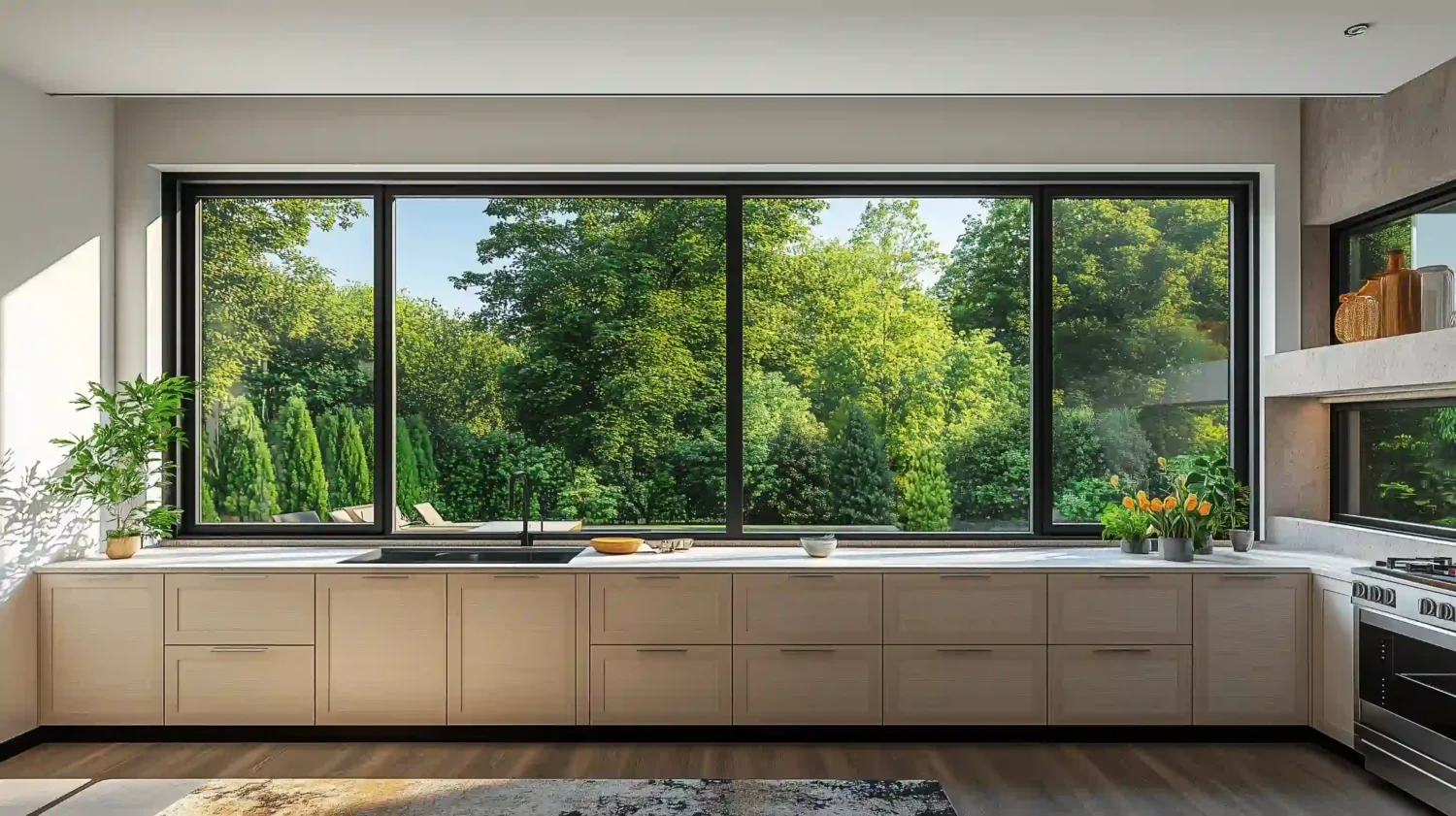 Modern sliding aluminum window with slim frame allowing smooth movement and space saving for small apartments