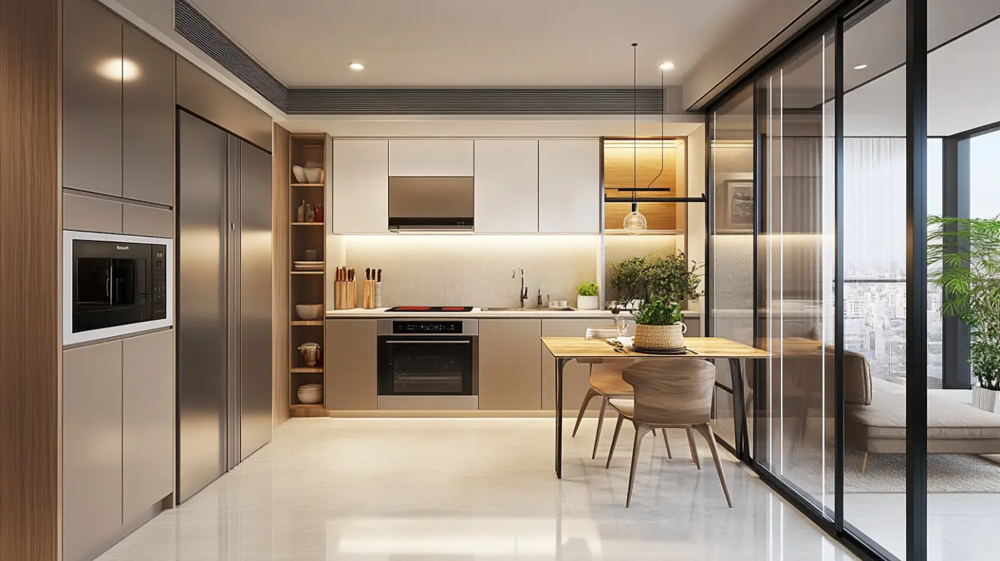 Sliding glass door in a compact apartment, creating a separation between the kitchen and living area.