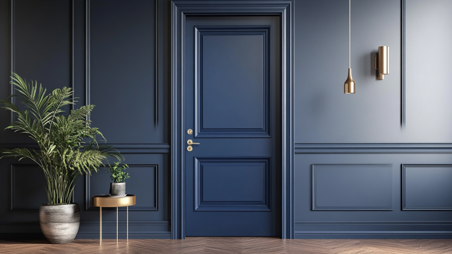navy blue designer interior door with gold accents in a stylish room