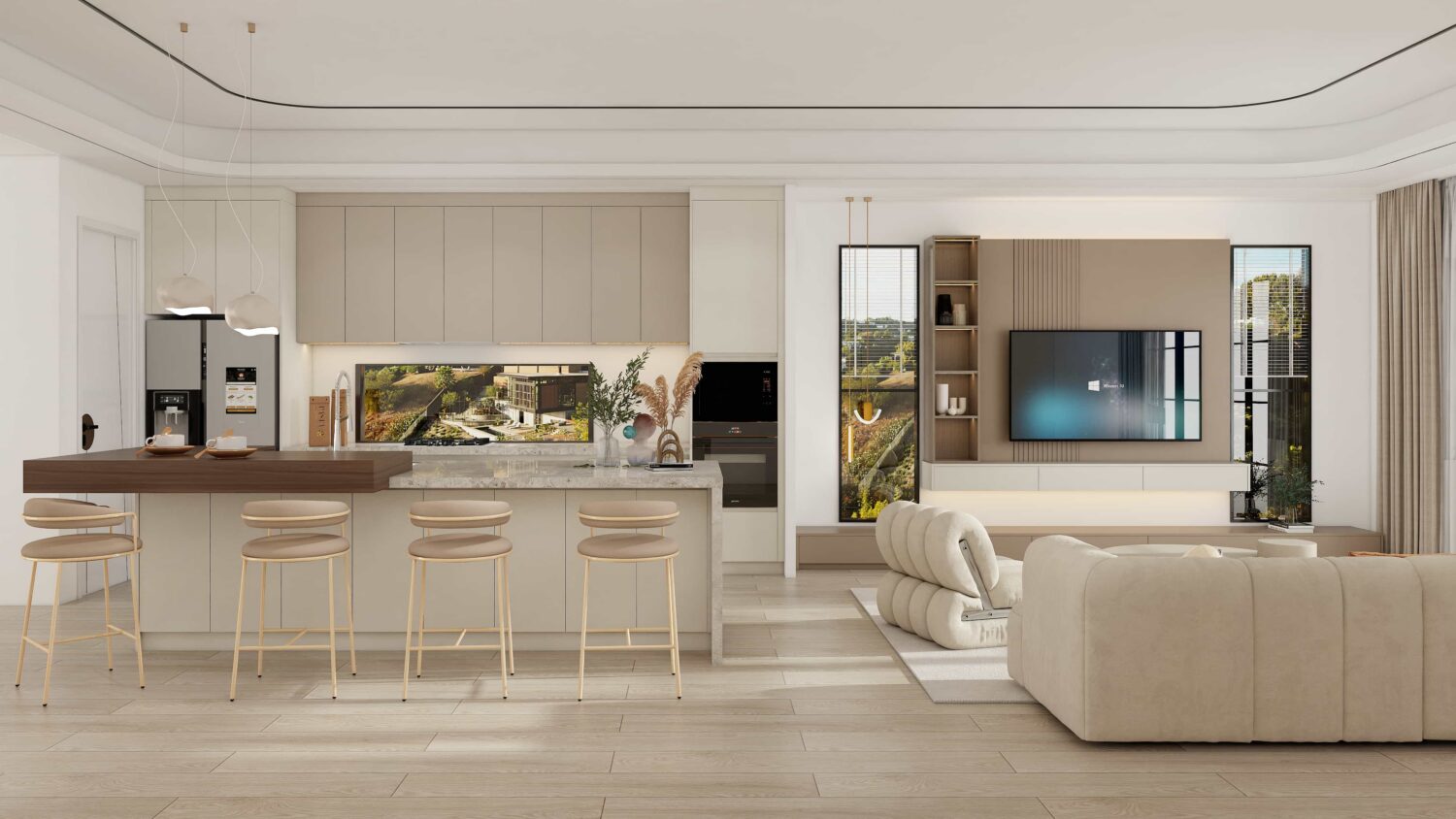 neutral bespoke kitchen cabinetry integrated with living space and marble countertop