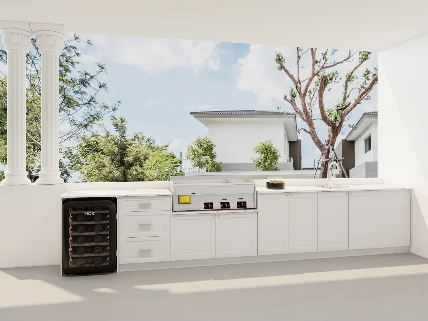 Outdoor kitchen base cabinet design with built-in sink, drawers, and modern white countertop.