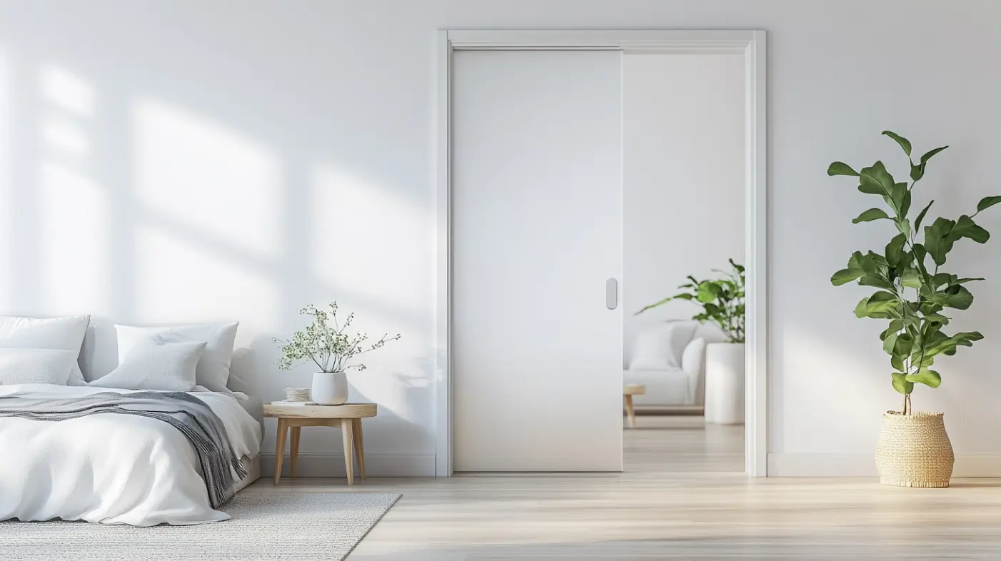 Minimalist bedroom with a white sliding glass door, natural light streaming in, modern interior design.