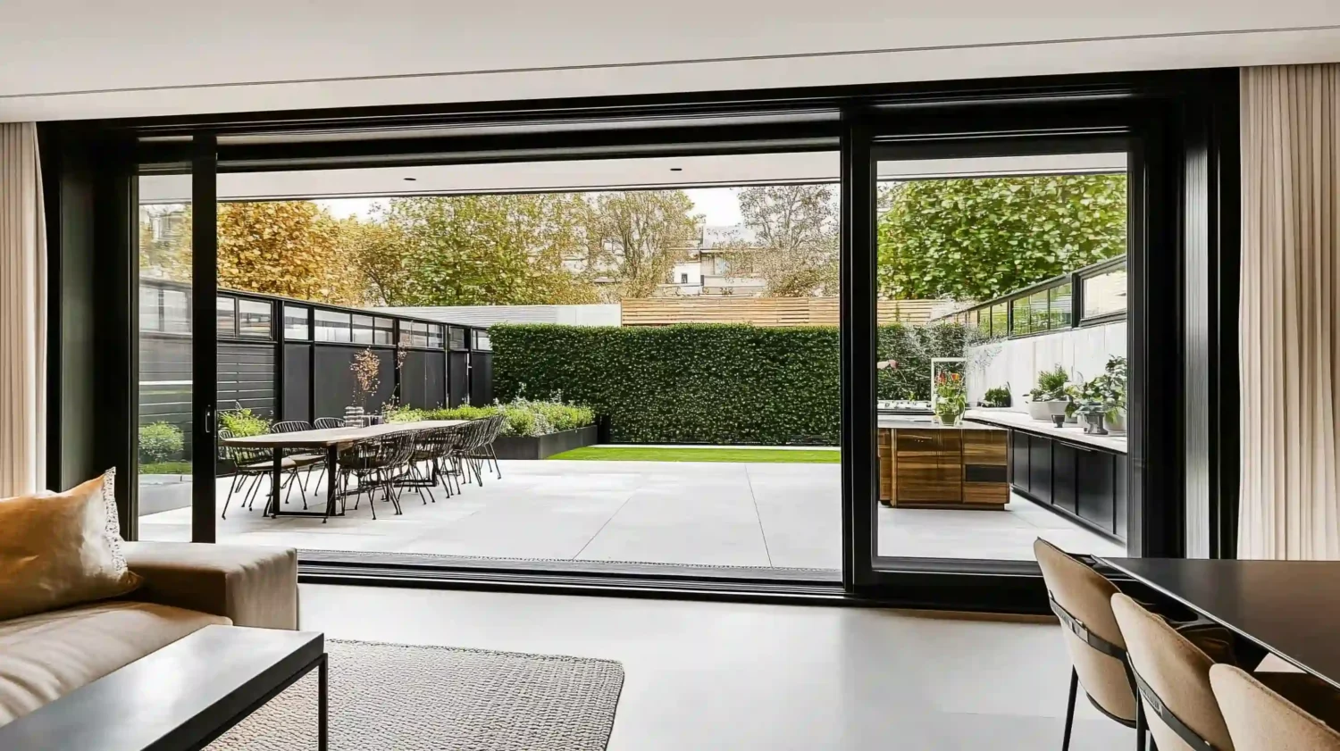 A wide sliding aluminum door opening to a garden patio with full glass panels and slim frames.