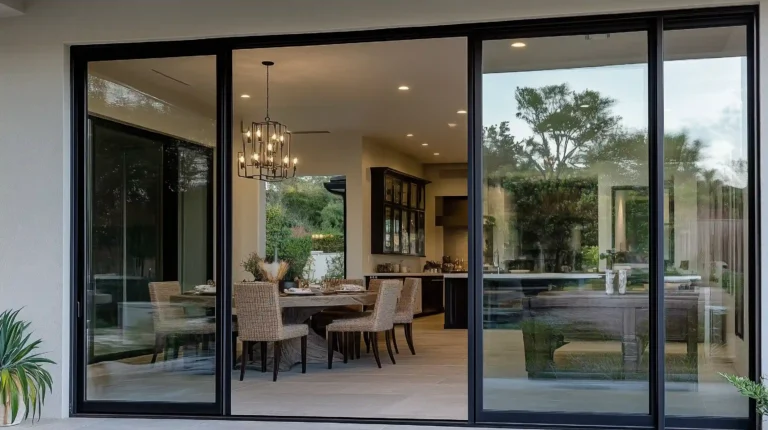 A large sliding aluminum door connecting a living room to an outdoor patio with modern minimalist frames.