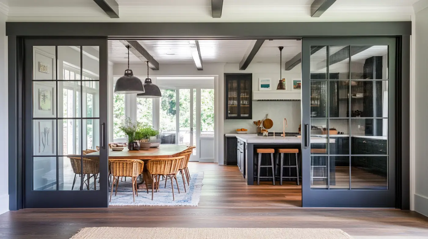 sliding door between kitchen and dining room saves space and improves light flow.