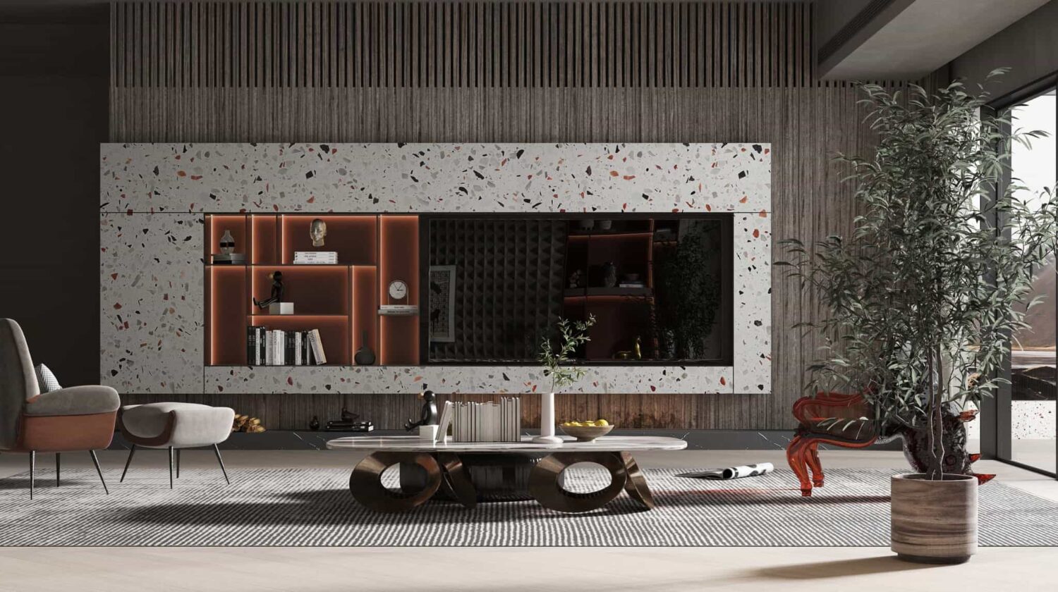 Terrazzo design pvc wall panel with built-in shelving in a modern living room.