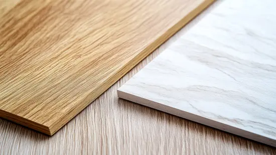 Close-up of wooden wall panel texture beside glossy PVC wall panel surface for material comparison.
